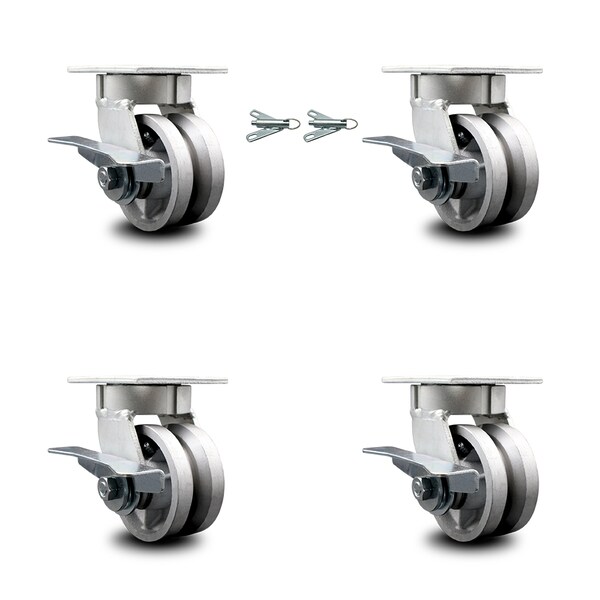 Service Caster 4 Inch Kingpinless V Groove Semi Steel Wheel Caster Brakes 2 Swivel Locks, 4PK SCC-KP30S420-VGR-SLB-BSL-2-SLB-2 - main